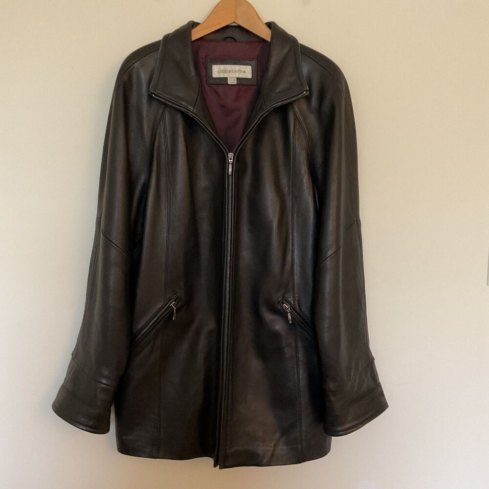 Liz Claiborne Women’s L Black Genuine Leather Jacket Car Coat Classic Preppy